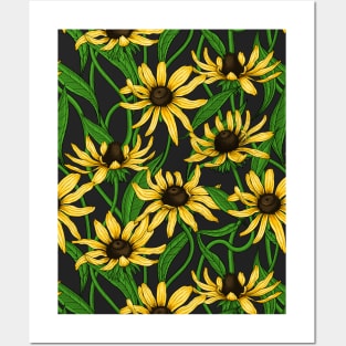 Yellow Rudbekia on black Posters and Art